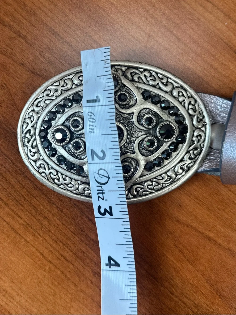 Gabriel B Rhinestone Encrusted Ornate Bling Silver Buckle Leather Belt 38